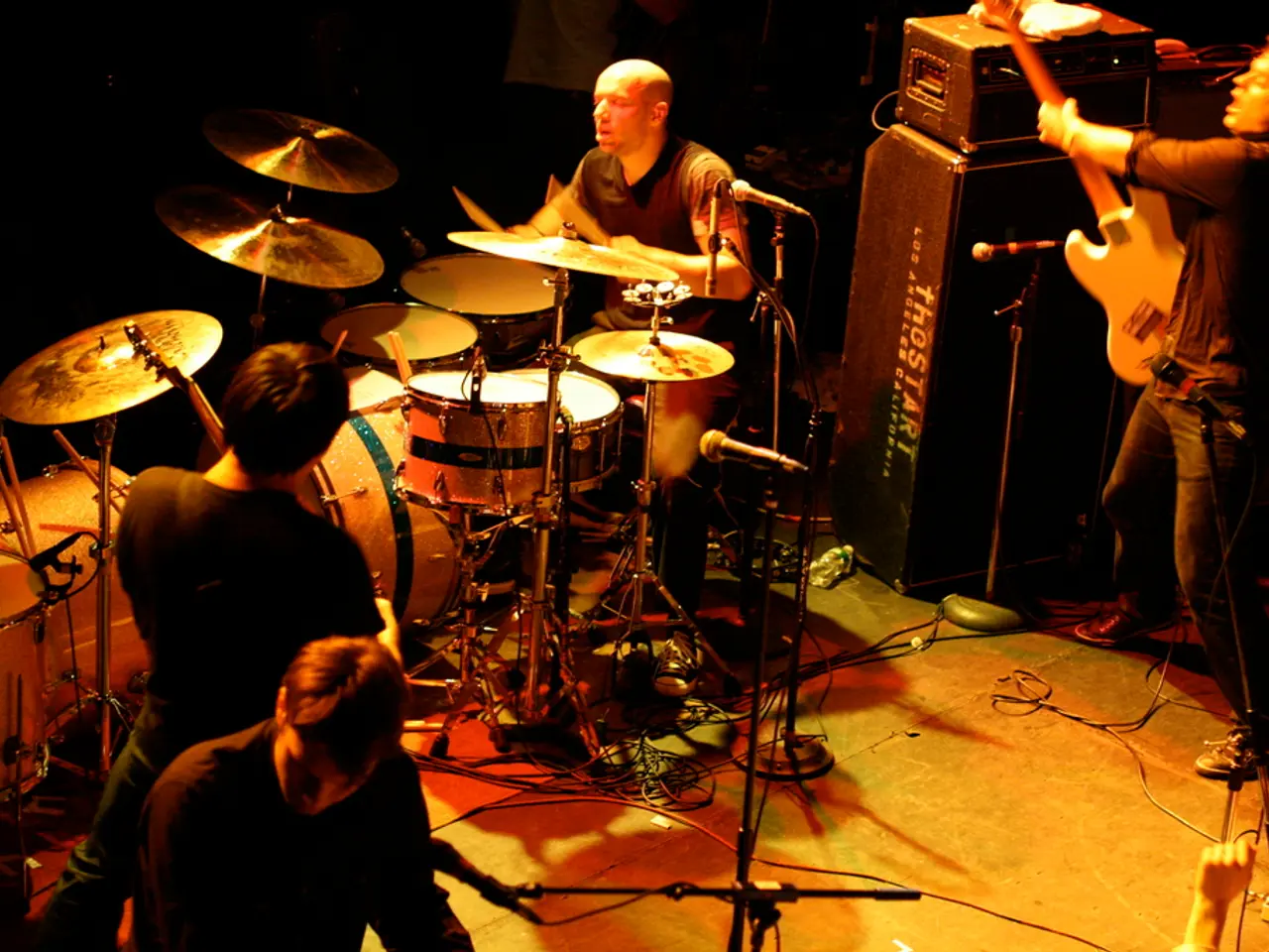 The image is inside the room. In the image there are two people playing their musical instruments,...