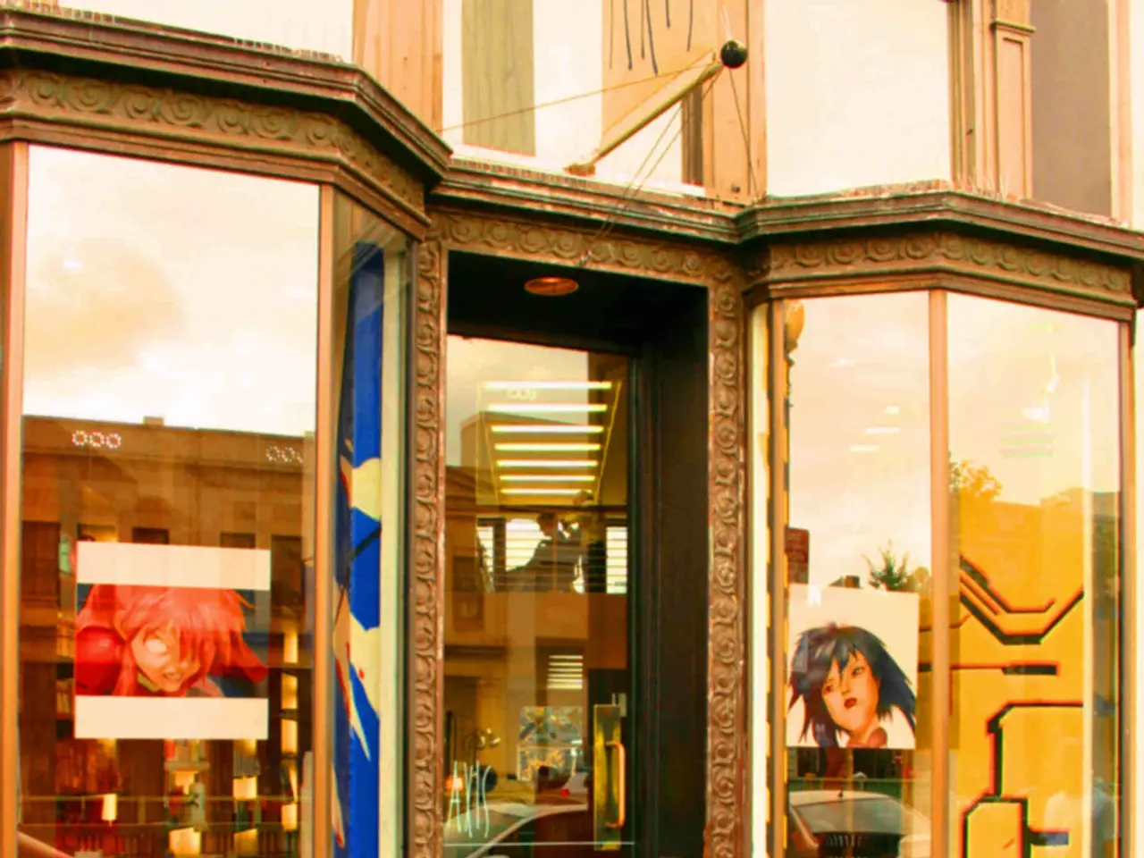 As we can see in the image there is a building, table, wall, posters and on the left side there are...