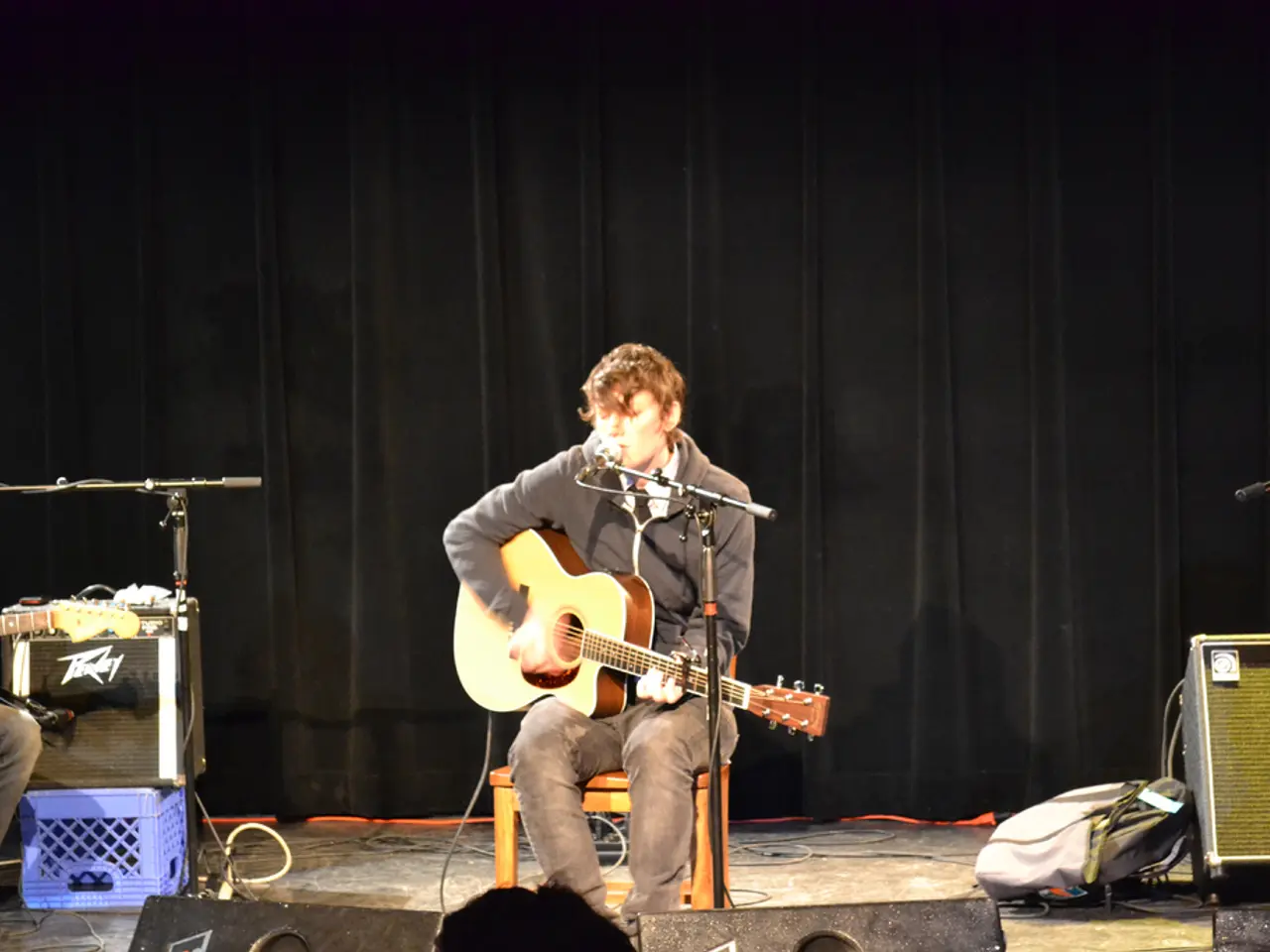 This picture describes about group of people they are all playing guitar in front of microphone, in...