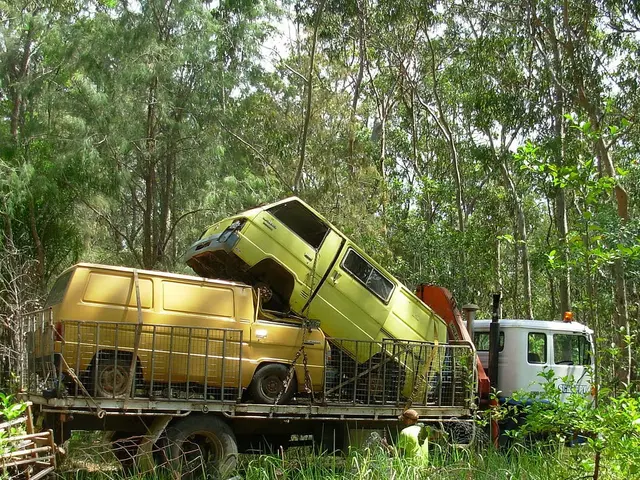In this picture there are two vehicles on the truck. At the back there are trees. On the left side...