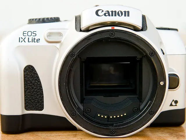It is a camera of a canon company, it is in black and white color.