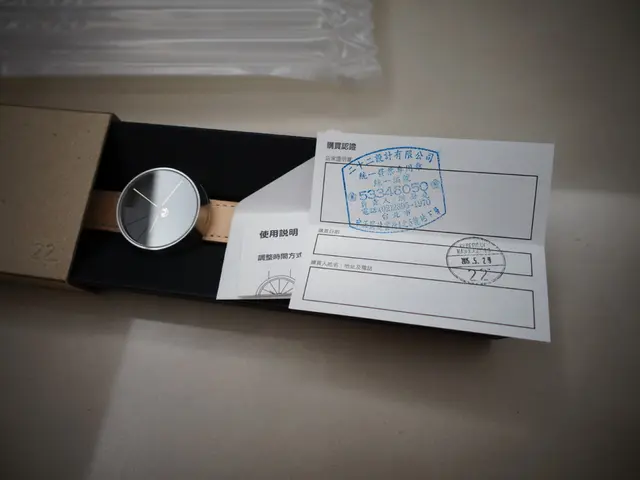 In this image we can see a watch in a box. There is a white color paper with some text on it. At...